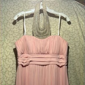 Pink strapless with pearl beaded halter prom dress!
